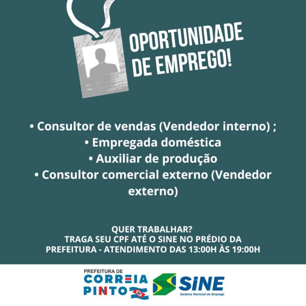 Correia Pinto têm vagas de emprego disponíveis no SINE