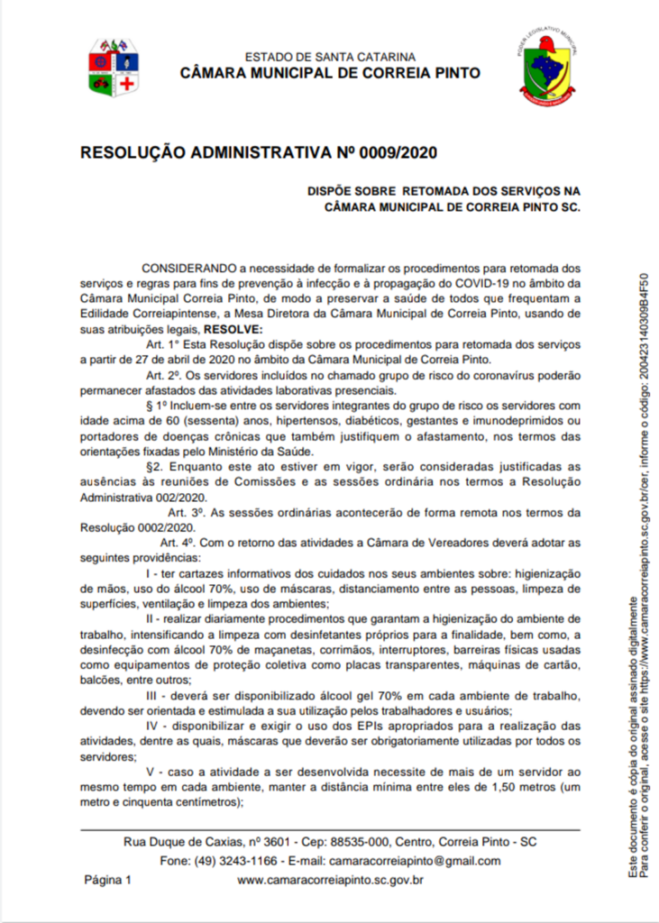 Câmara de Correia Pinto publica resolução sobre a retomada das atividades