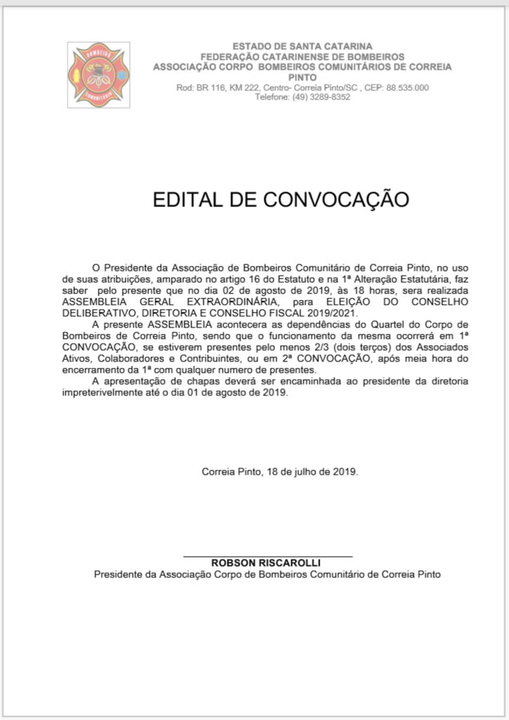 Edital de Convocação Associação Corpo de Bombeiros Comunitários de Correia Pinto