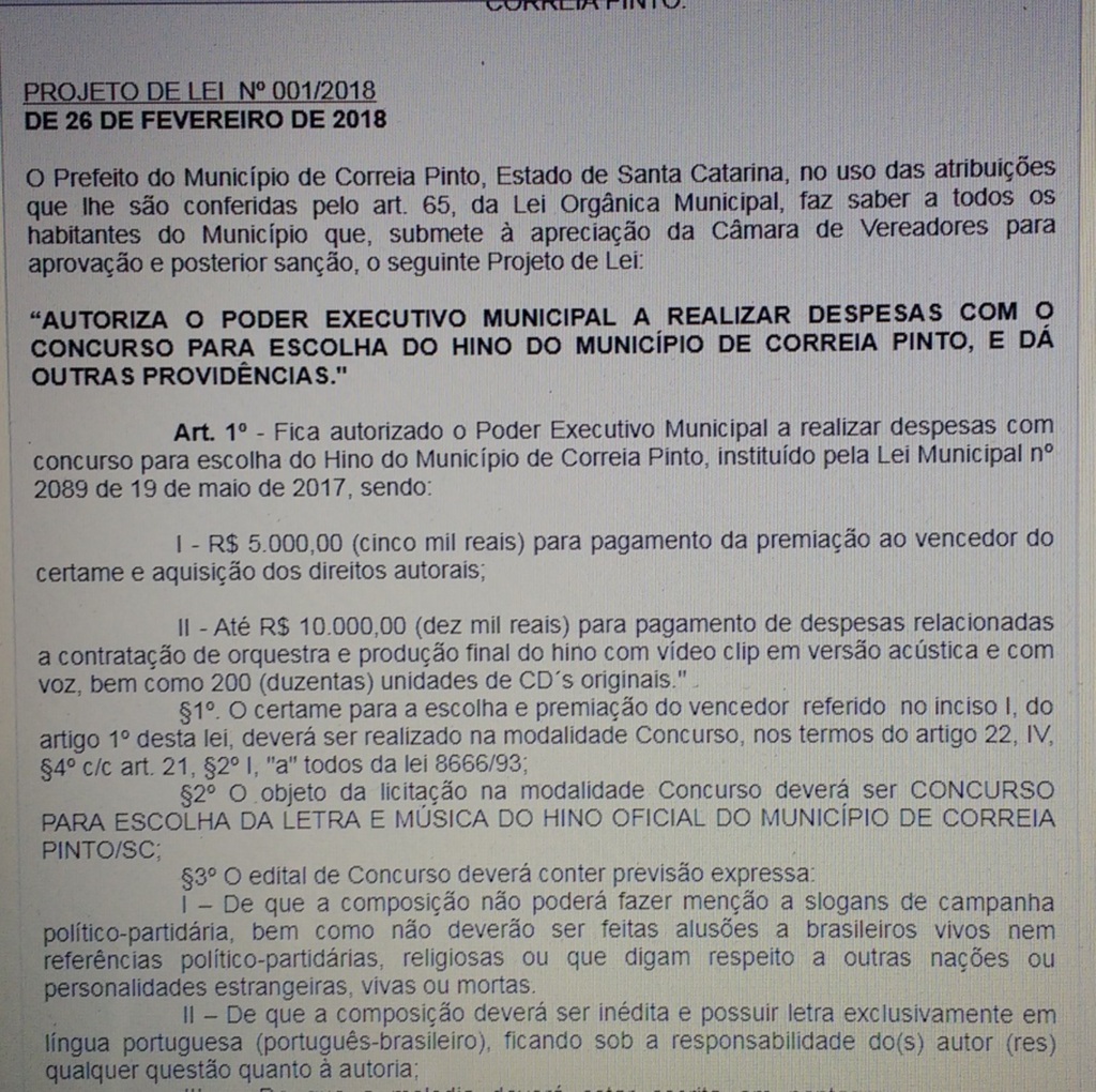 Correia Pinto vai pagar R$15 mil em concurso para escolher hino