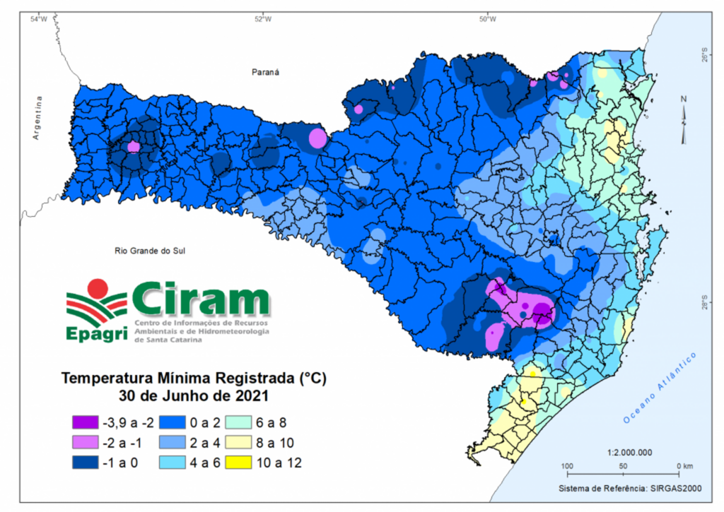 Epagri/Ciram - Figura 1 ?Temperaturas mínimas registradas ao amanhecer do dia 30/06/2021, em SC. (Elaborado por: Maikon Alves ? Técnico em Meteorologia).