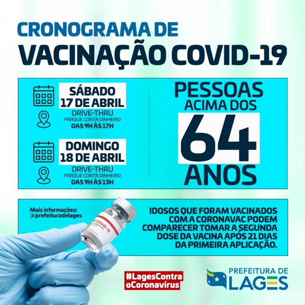 Vacinação contra a Covid-19 será ampliada para as pessoas com 64 anos a partir de sábado