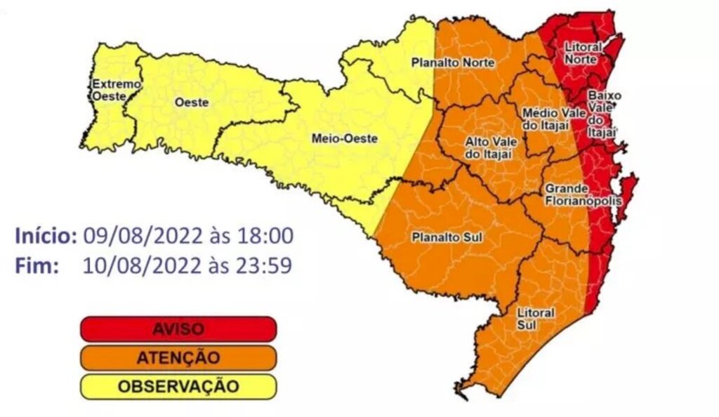 Defesa Civil alerta para chuva e fortes ventos em todo o Oeste de SC