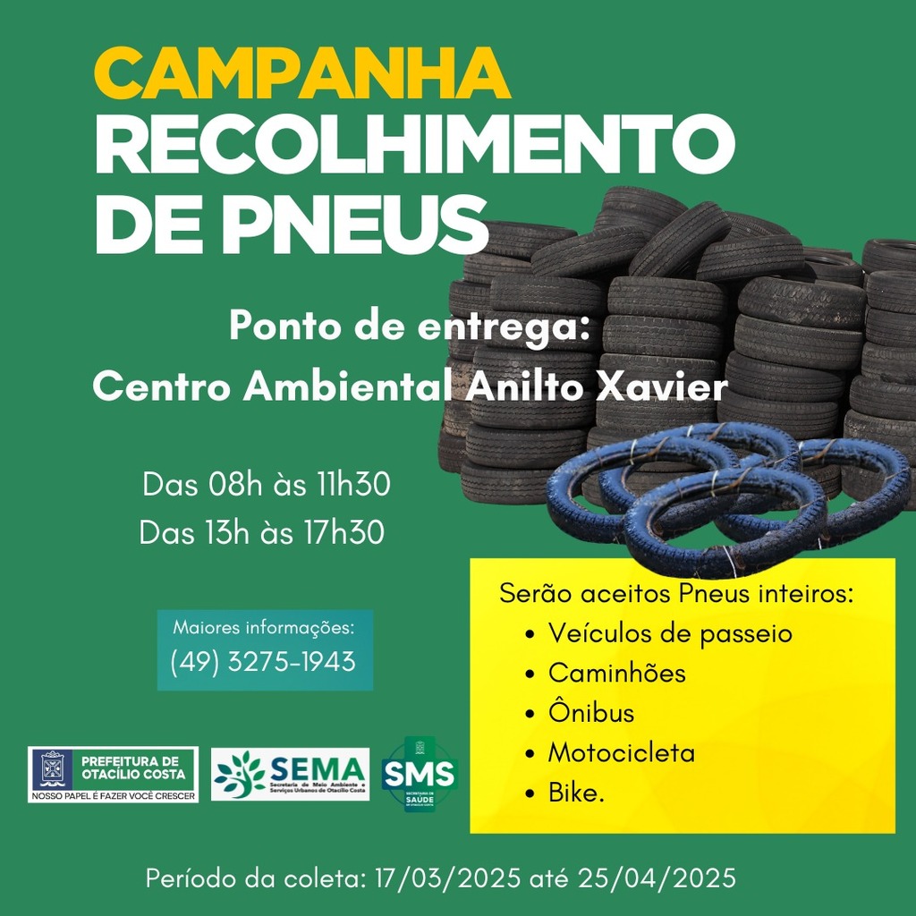 Prefeitura de Otacílio Costa inicia Campanha de Recolhimento de Pneus no dia 17 de março