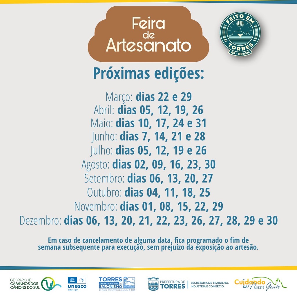FEIRA DE ARTESANATO DE TORRES TEM DATAS CONFIRMADAS PARA 2025