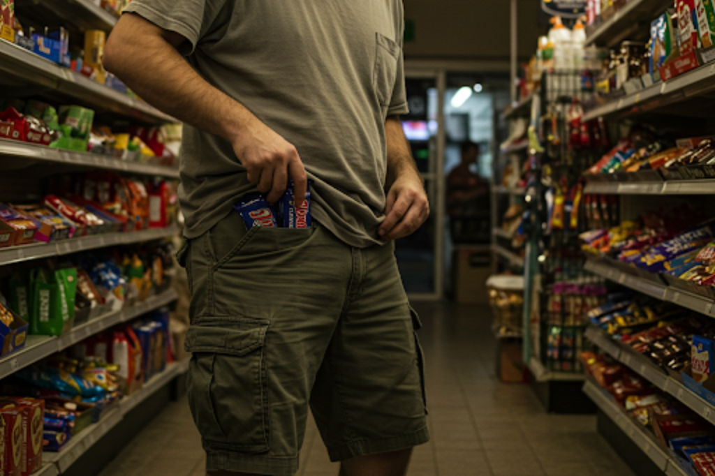 Imagem gerada por IA - Homem é preso por furtar chocolates e ameaçar fiscal com faca em supermercado de Imbituba