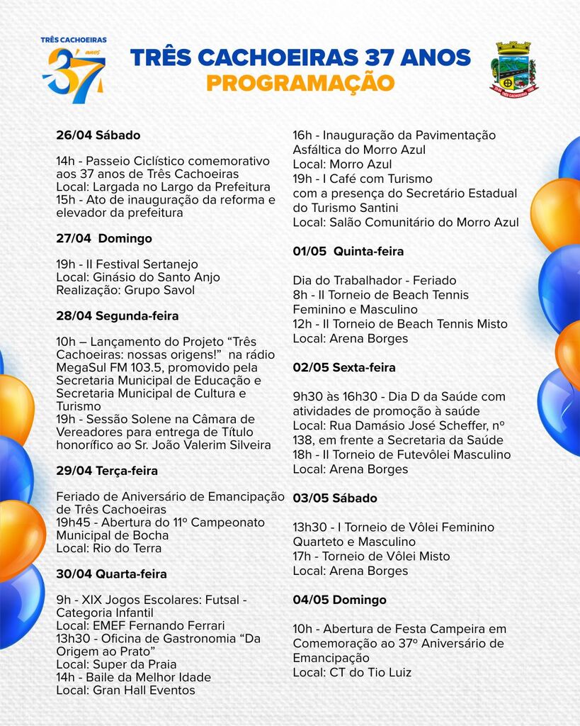 TRÊS CACHOEIRAS CELEBRA 37 ANOS COM PROGRAMAÇÃO ESPECIAL