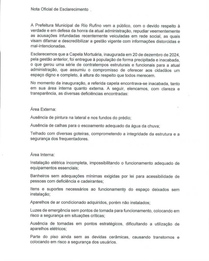 Nota Ofical de Esclarecimento - Prefeitura Municipal de Rio Rufino