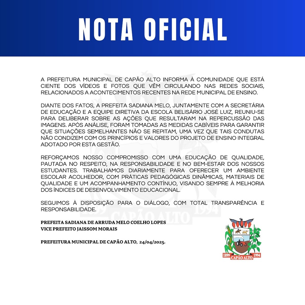 Nota Oficial Prefeitura de Capão Alto