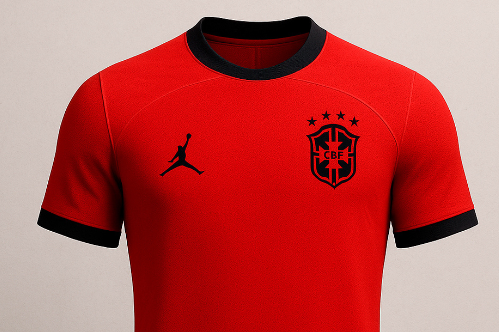 Foto: Reprodução Internet, Imagem gerada por Inteligência Artificial - CBF e Nike planejam lançar uma camiseta vermelha para a seleção brasileira na Copa de 2026