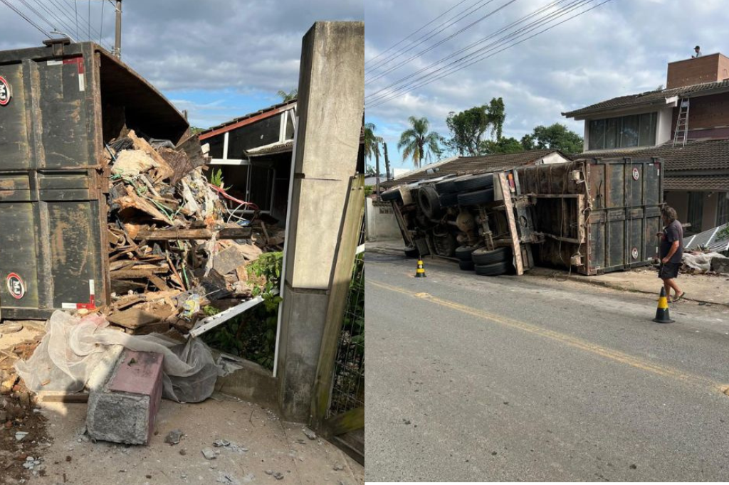 Foto: PM Itajaí - Caminhão carregado de entulho tomba e destrói parte de residência em SC