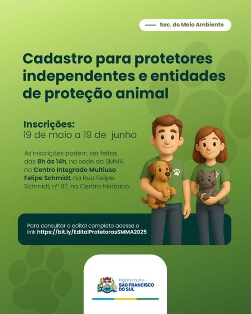 Prefeitura de São Francisco do Sul abre cadastro para protetores independentes e entidades de proteção animal