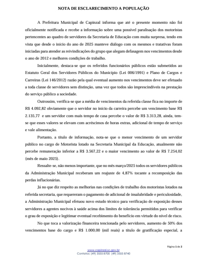 Nota de Esclarecimento a População