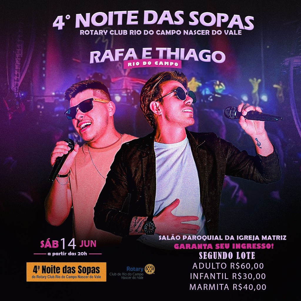 Rotary Clube promove 4ª Noite das Sopas em Rio do Campo, neste sábado