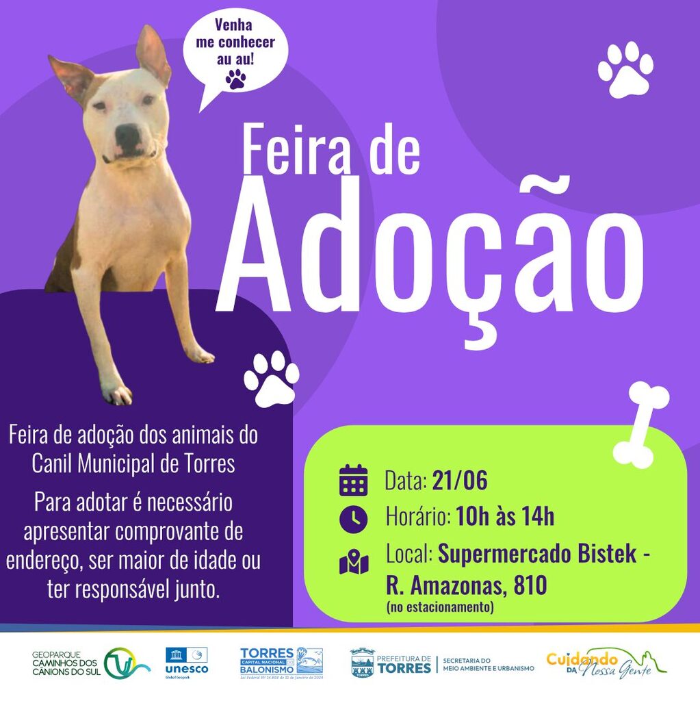 FEIRA DE ADOÇÃO DO CANIL MUNICIPAL ACONTECE NESTE SÁBADO NO ESTACIONAMENTO DO BISTEK EM TORRES