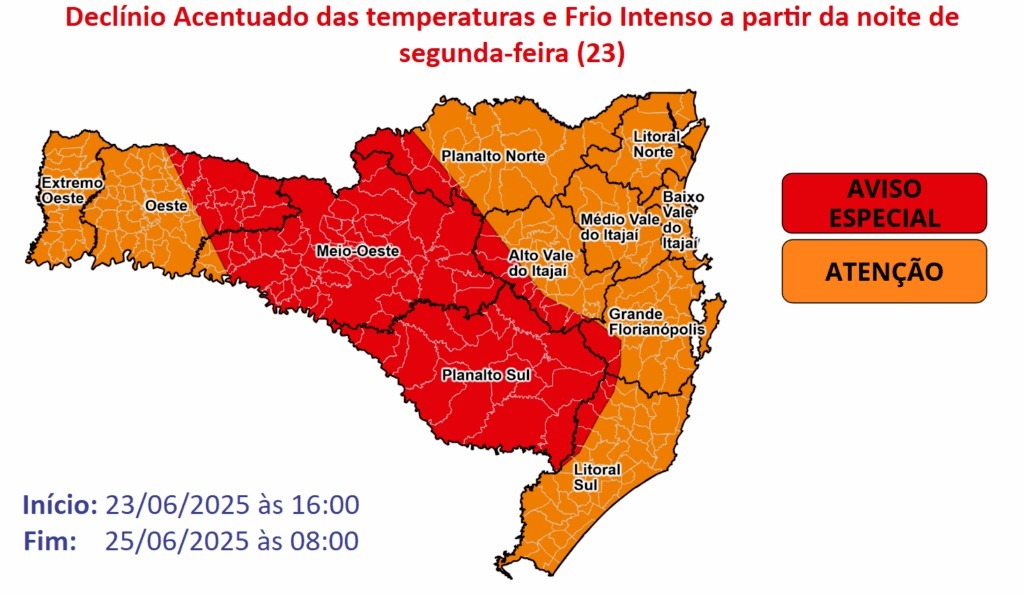 Defesa Civil de SC emite alerta vermelho para o frio intenso no estado