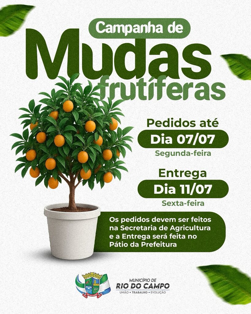 Campanha de mudas frutíferas segue até 7 de julho em Rio do Campo
