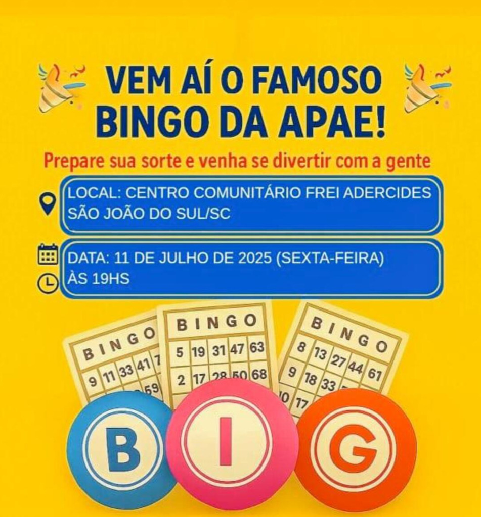 BINGO DA APAE DE SÃO JOÃO DO SUL TERÁ R$ 10 MIL COMO PRÊMIO PRINCIPAL