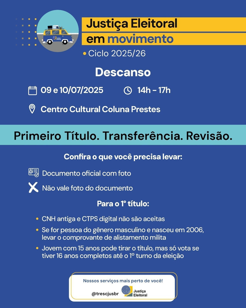 Justiça Eleitoral em Movimento estará atendendo em Descanso nesta quarta e quinta
