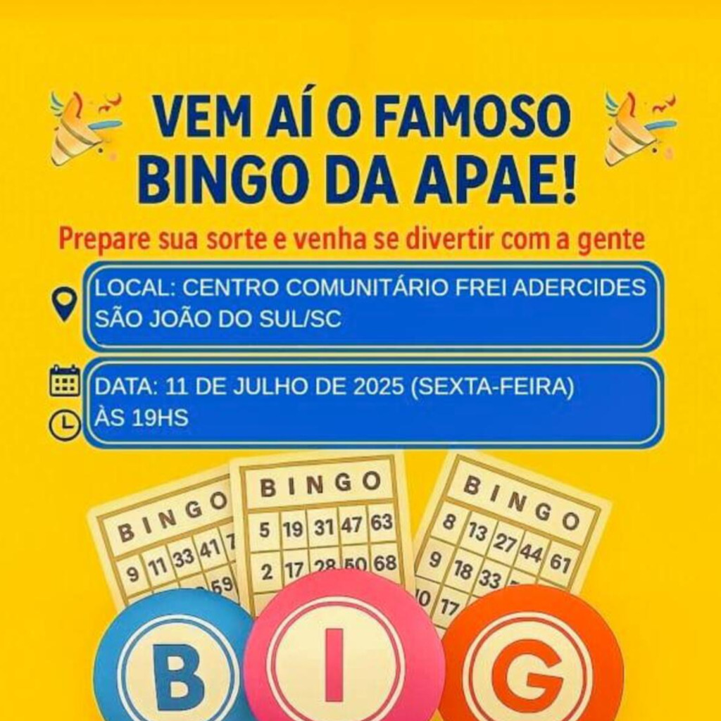 BINGO DA APAE DE SÃO JOÃO DO SUL ACONTECE NESTA SEXTA-FEIRA (11) E TERÁ R$ 10 MIL  NO PRÊMIO PRINCIPAL