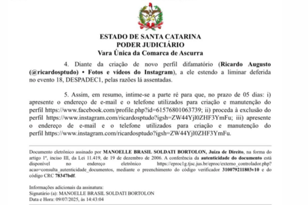 Justiça de Ascurra determina remoção de postagens de perfil no Facebook e Instagram