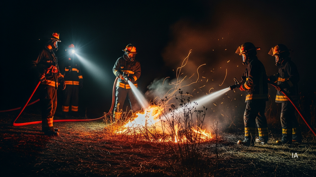 Imagem gerada por IA - Bombeiros combatem incêndio em vegetação próximo aos trilhos de trem em Imbituba