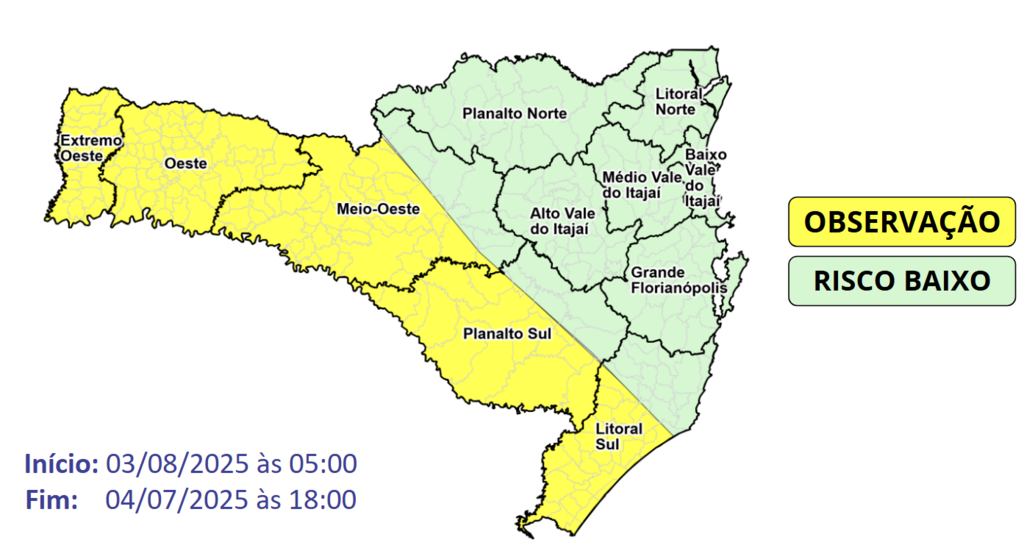 Alerta para a possibilidade de temporais isolados entre domingo e segunda