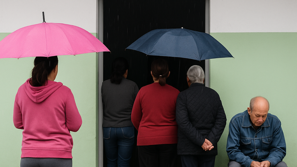 Moradores enfrentam chuva enquanto aguardam atendimento em posto de saúde de Roça Grande
