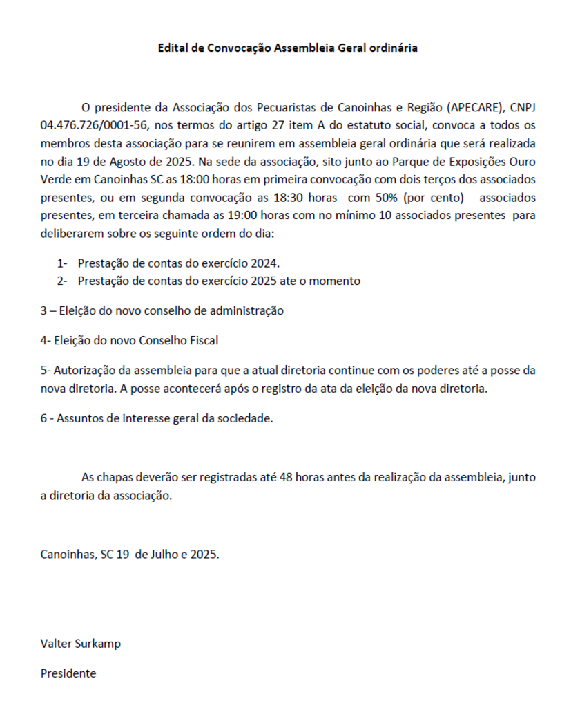 Edital de convocação assembléia geral ordinaria APECARE