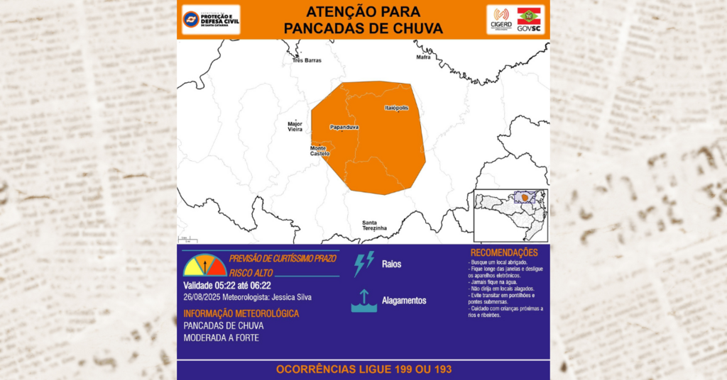 Defesa Civil emite alerta para chuva intensa em Santa Terezinha e região do Planalto Norte