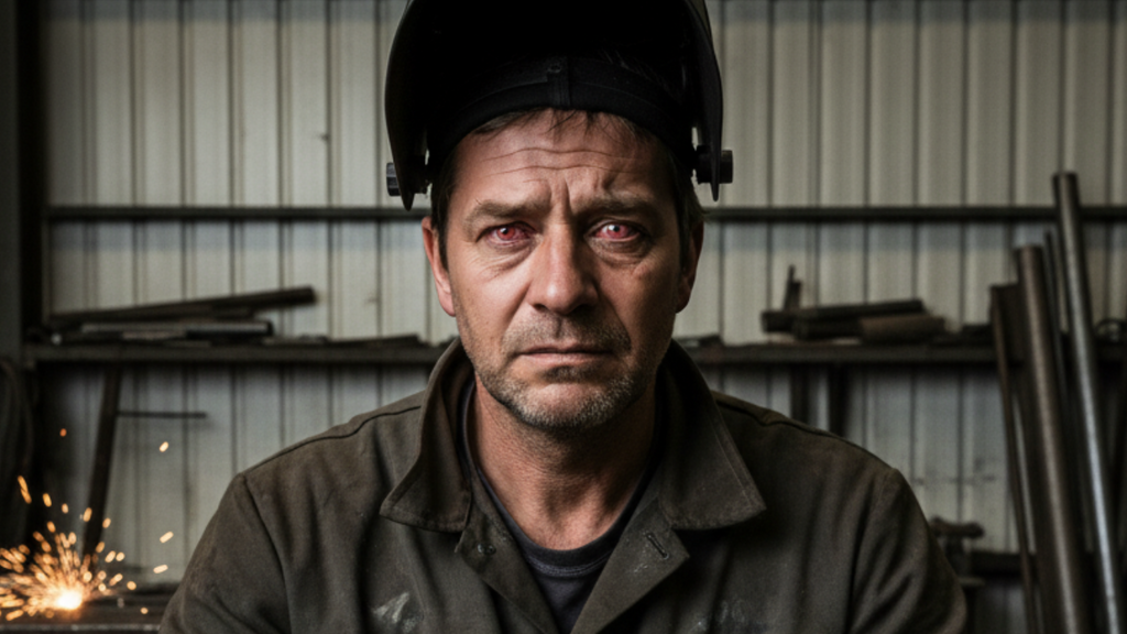 Foto ILUSTRATIVA - gerada por IA - Homem sofre queimaduras nos olhos durante trabalho com solda em Imbituba