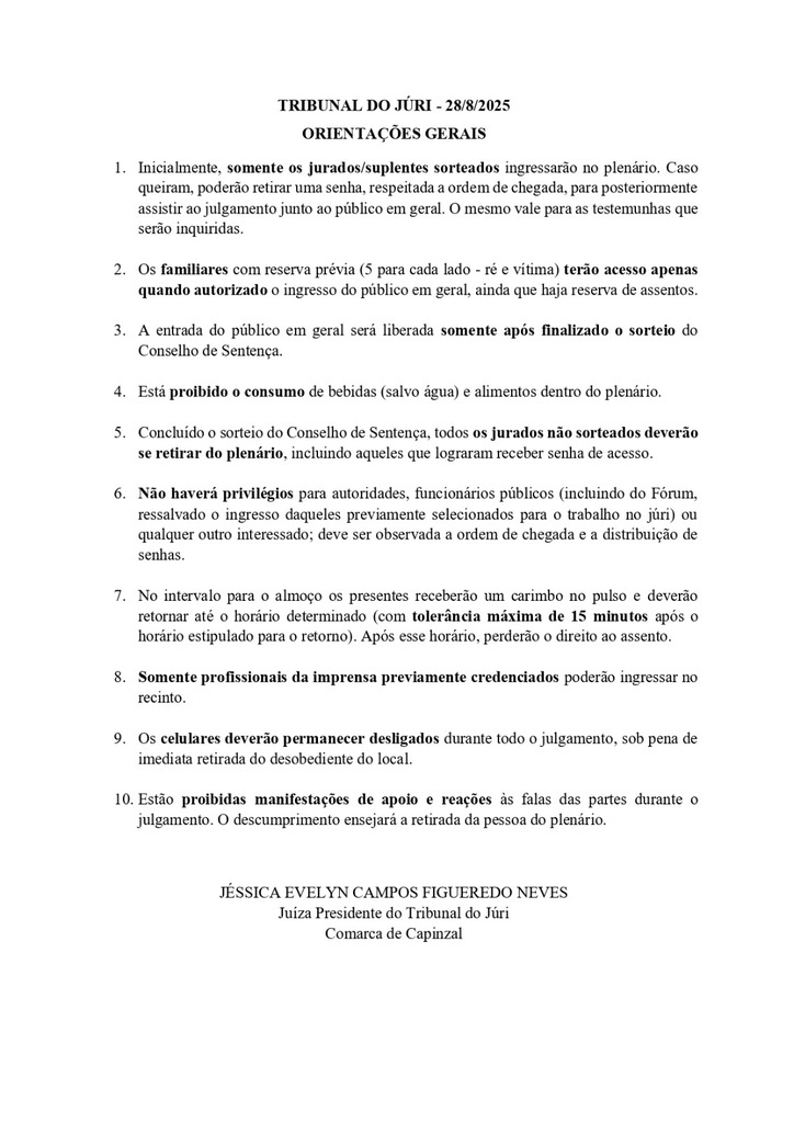 TRIBUNAL DO JÚRI - 28/8/2025 ORIENTAÇÕES GERAIS