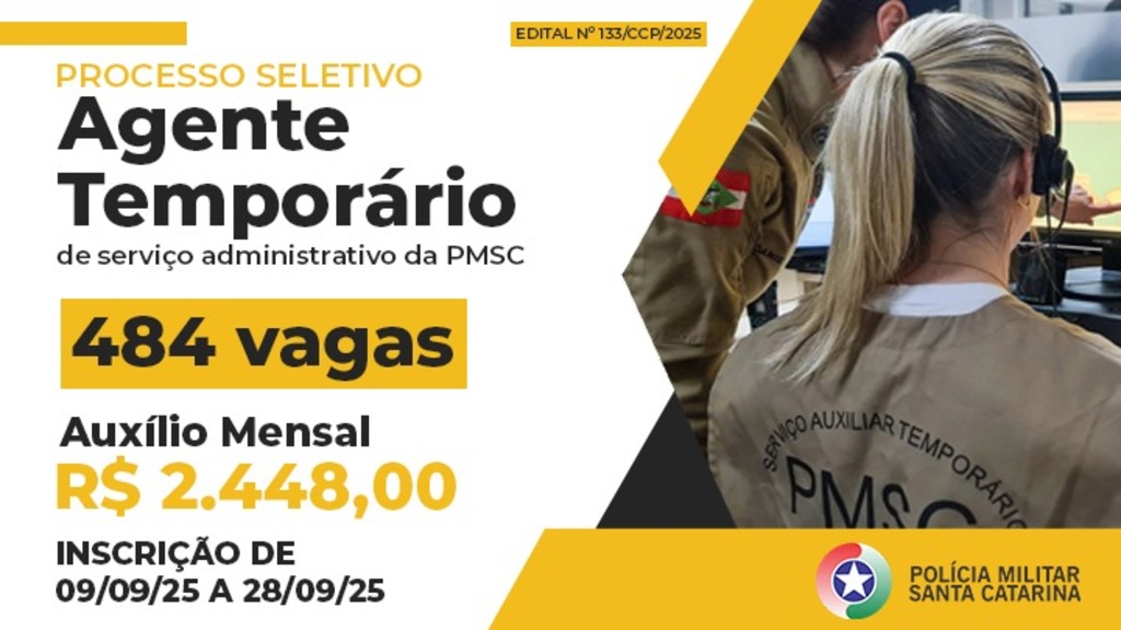Polícia Militar de Santa Catarina abre 484 vagas para agentes temporários