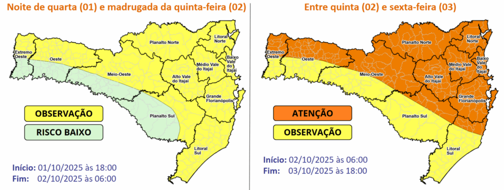 Defesa Civil alerta para chuva persistente e intensa entre quarta e sexta-feira