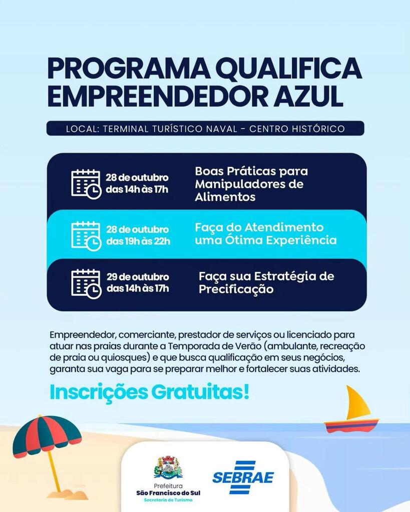 Prefeitura abre inscrições para o Programa Qualifica Empreendedor Azul em São Francisco do Sul