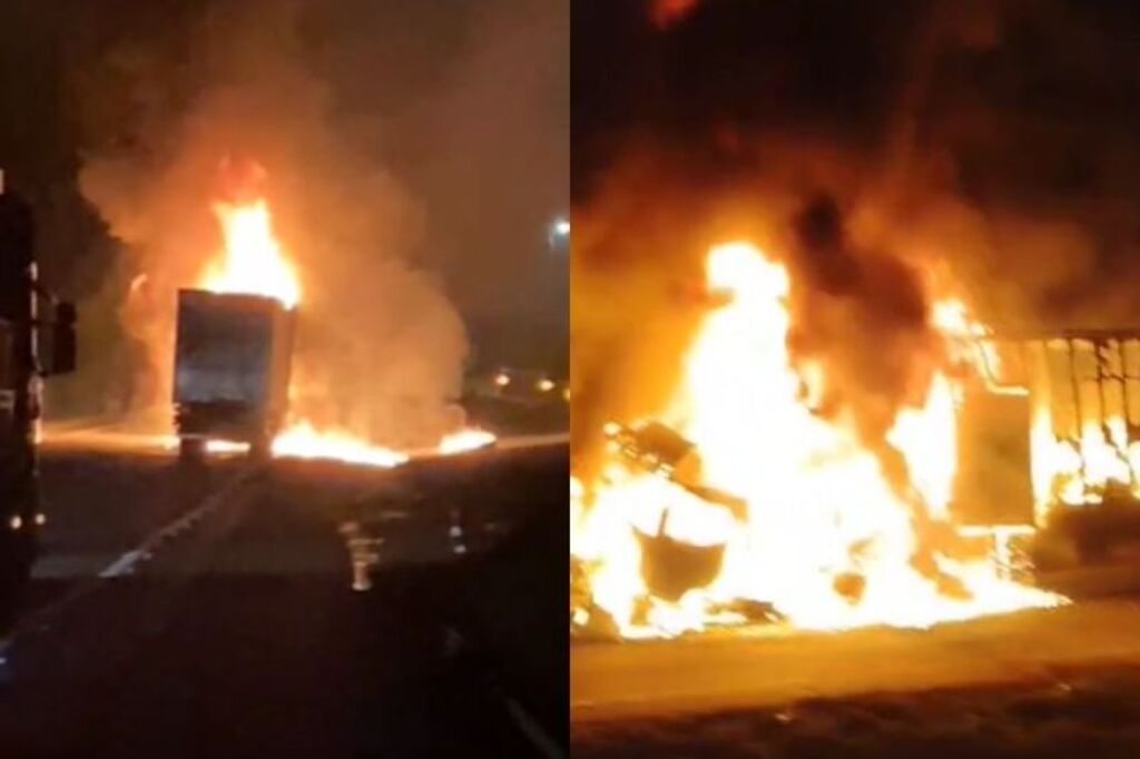 Foto: Reprodução/Redes sociais/ND Mais - VÍDEO: Colisão entre carretas causa incêndio na BR-101 e deixa um ferido grave em SC