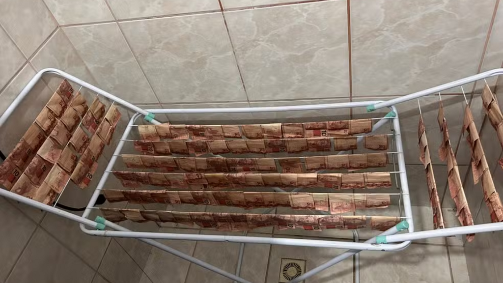 Foto: Polícia Civil/Divulgação - Dinheiro pendurado em varal chama atenção durante operação policial em Santa Catarina