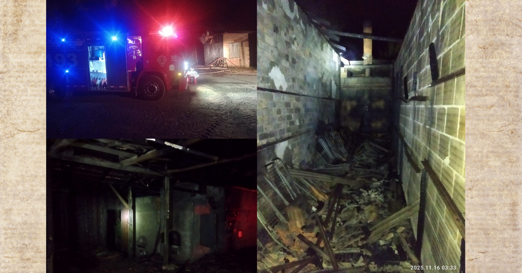 Bombeiros Voluntários de Presidente Getúlio atendem incêndio em estufas de fumo em Dona Emma