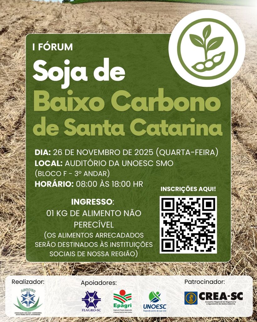 Inscrições abertas para o I Fórum Soja de Baixo Carbono de SC