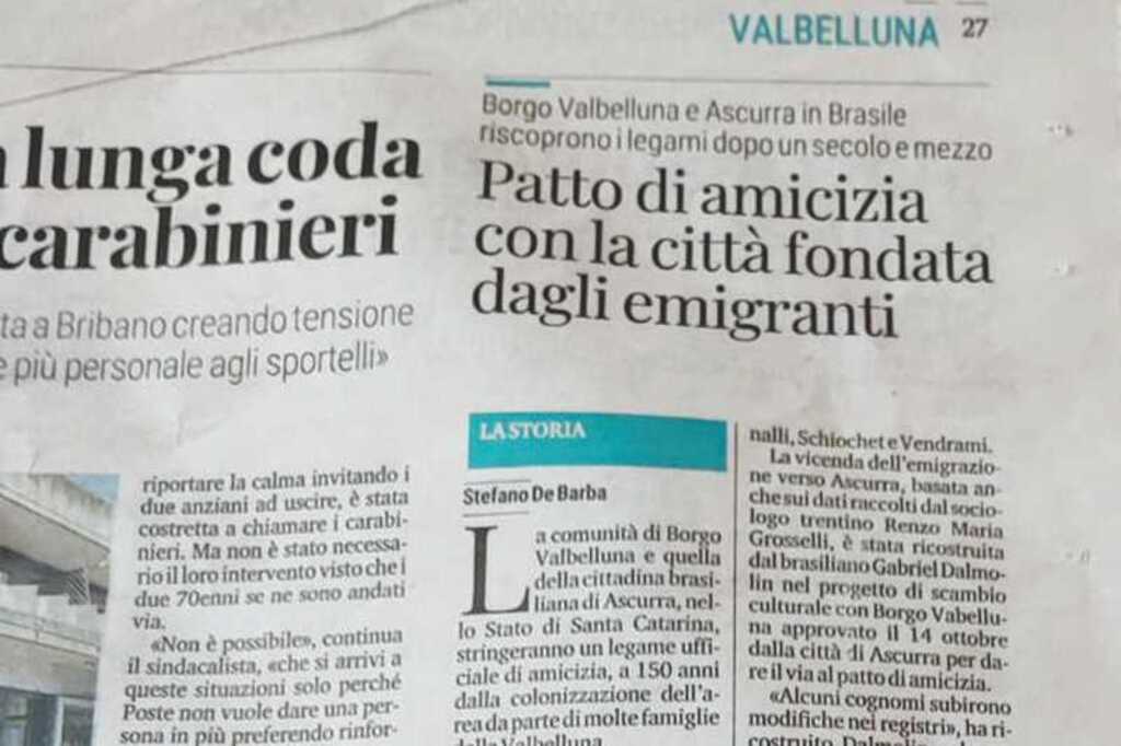 Pacto entre Borgo Valbelluna e Ascurra é destaque em jornal italiano