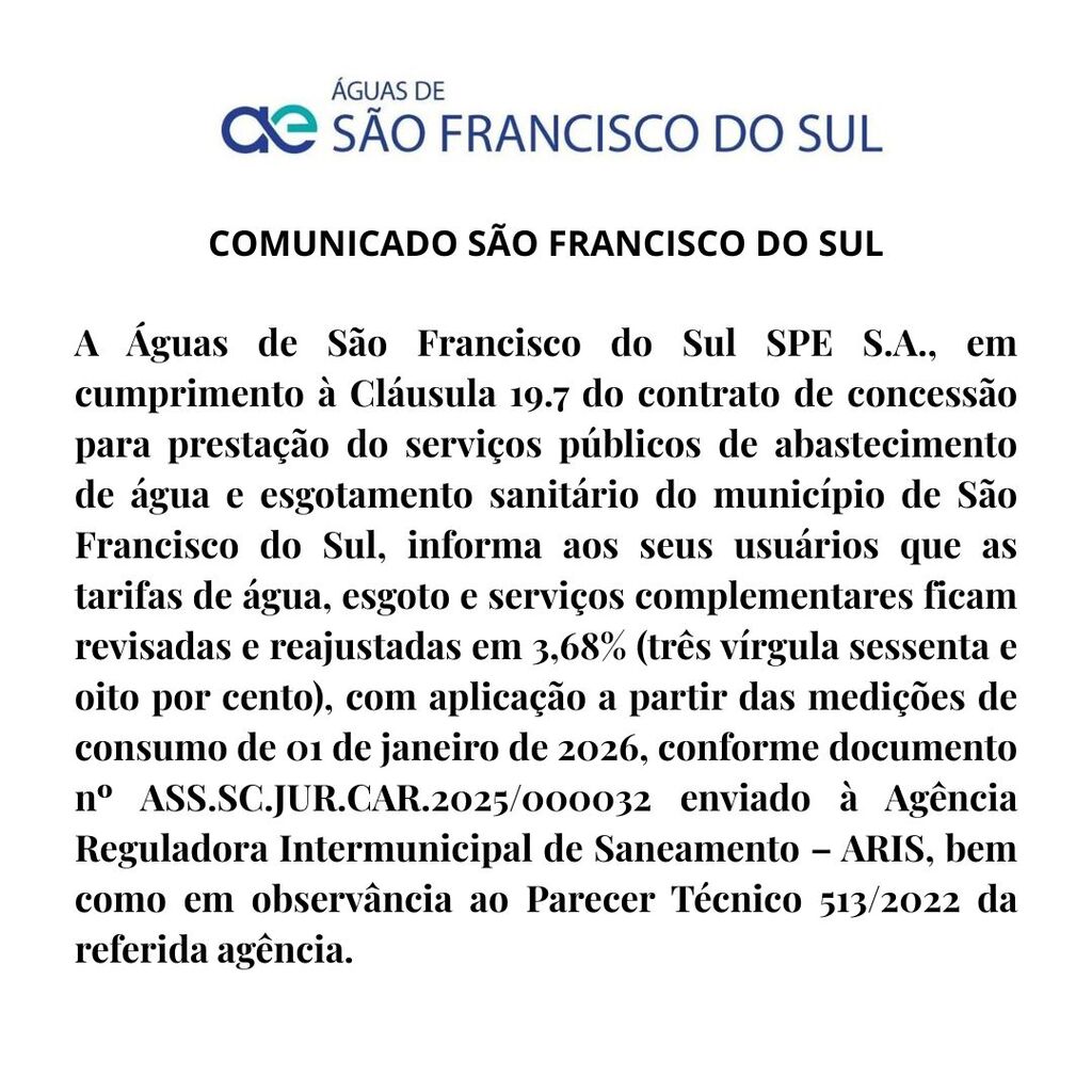 AGUAS SÃO FRANCISCO DO SUL: COMUNICADO