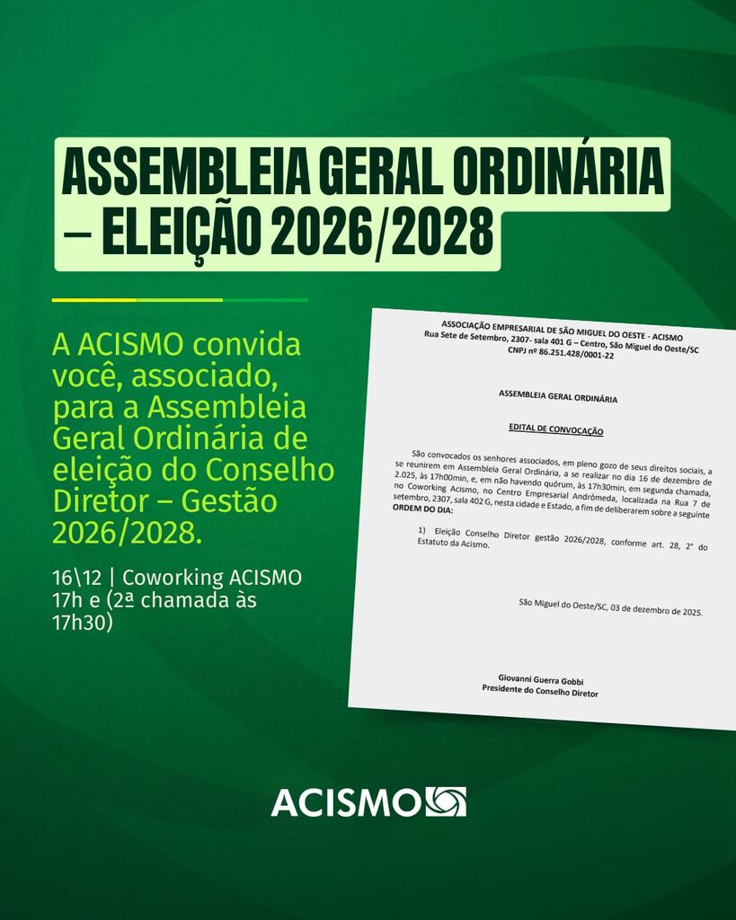Eleição do Conselho Diretor da Acismo para a gestão 2026/2028 será no dia 16