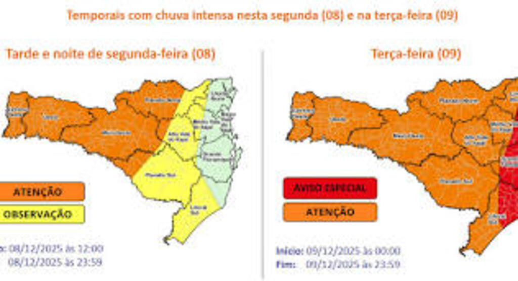 SC suspende aulas devido a alertas climáticos de alto risco; medida vale para hoje e amanhã