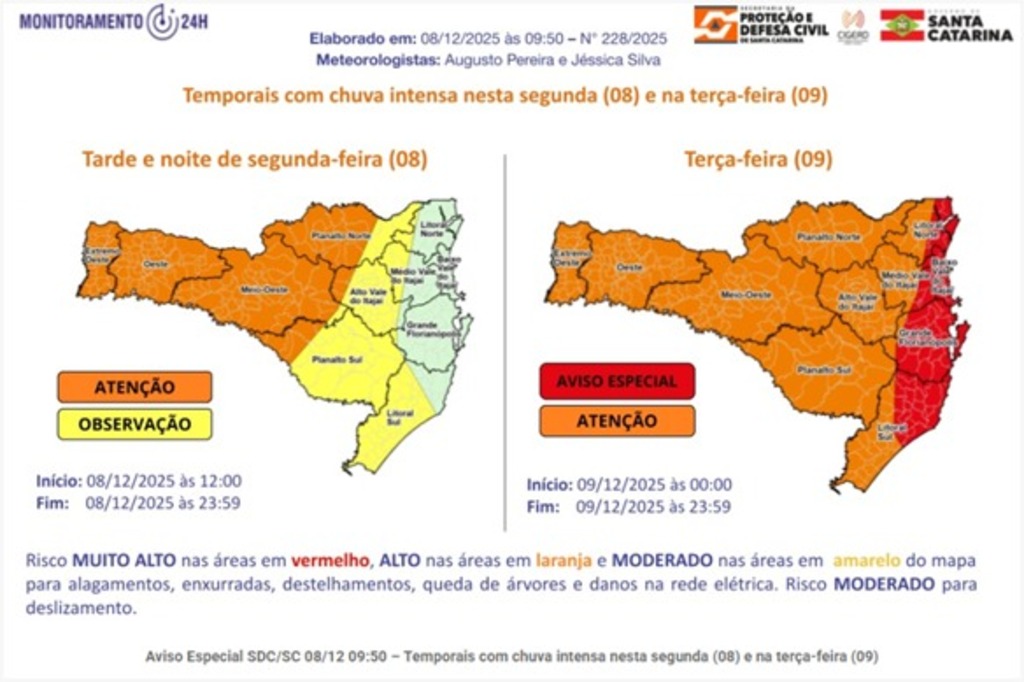 Ciclone extratropical deve afetar Santa Catarina a partir desta segunda-feira com risco de chuva intensa e ventos fortes