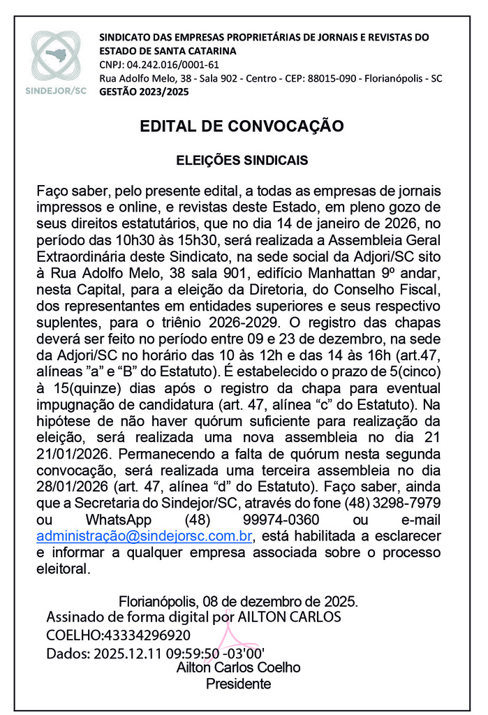 Edital de Convocação - Eleições Sindejor/SC