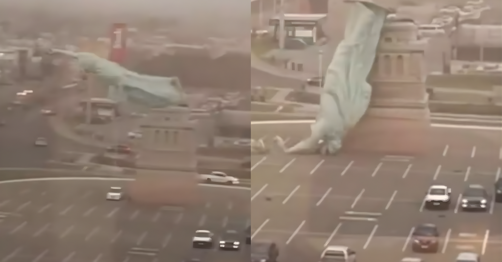 Vento derruba estátua da Havan durante forte temporal no Rio Grande do Sul