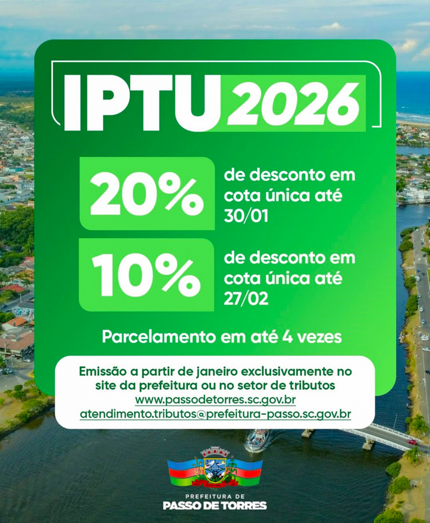 MUNICÍPIO ANUNCIA DESCONTOS PARA PAGAMENTO DO IPTU 2026