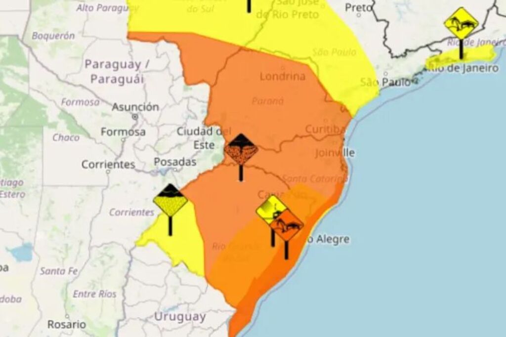 Quatro alertas estão em vigor no Estado (Foto: Inmet, Reprodução) - Ciclone extratropical provoca “combo climático” e coloca SC em alerta