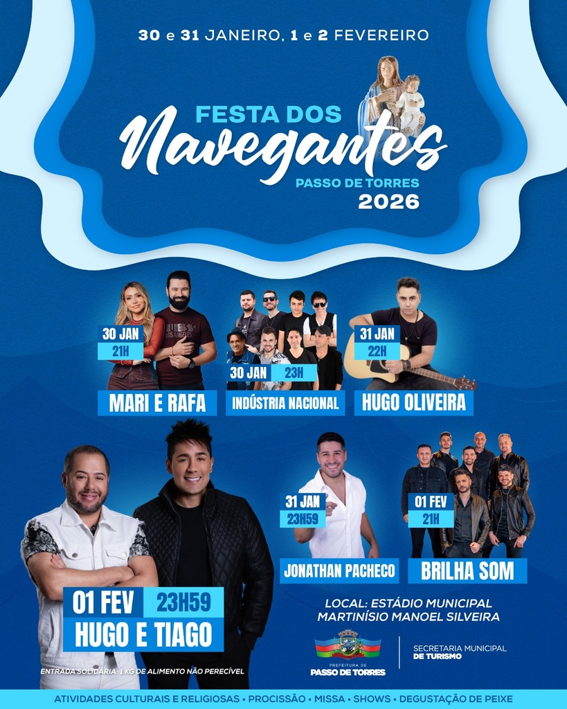FESTA DOS NAVEGANTES TERÁ SHOW NACIONAL GRATUITO DE HUGO E TIAGO EM PASSO DE TORRES