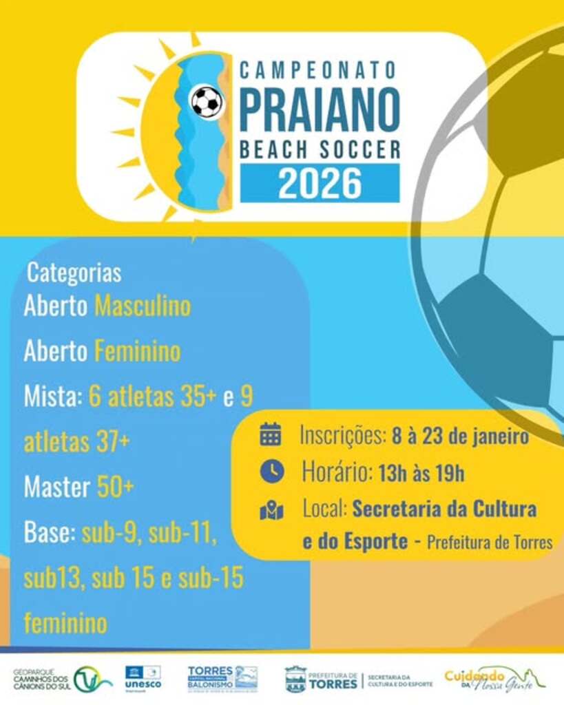 TORRES ABRE INSCRIÇÕES PARA COMPETIÇÕES DE BEACH SOCCER E VÔLEI DE PRAIA 2026